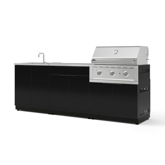 NewAge Products Outdoor Kitchen Aluminum 5 Piece Cabinet Set with Bar, Grill, Sink Cabinet, Performance Grill, and Countertop