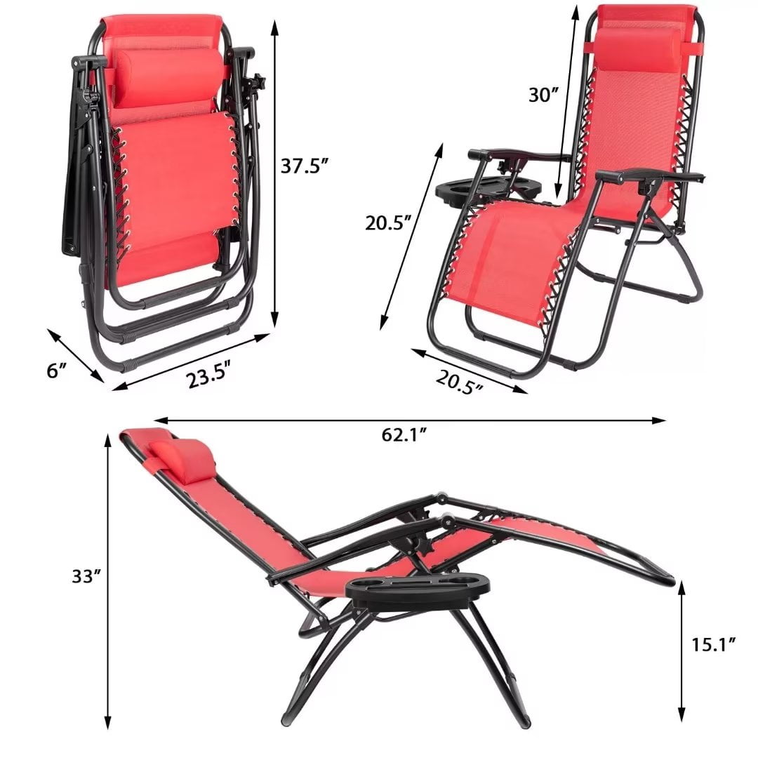 Vineego Zero Gravity Chairs Patio Chairs Lawn Lounge Chair Patio Set of 2 with Pillow and Cup Holder Patio Furniture for Poolside Backyard and Beach Set of 2 (Red)