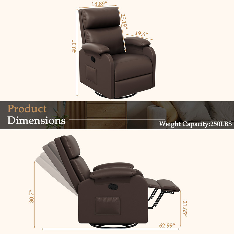 Homall 360° Massage Swivel Rocker Recliner Small Rocking PU Leather Chairs with Side Pockets for Small Spaces,Brown