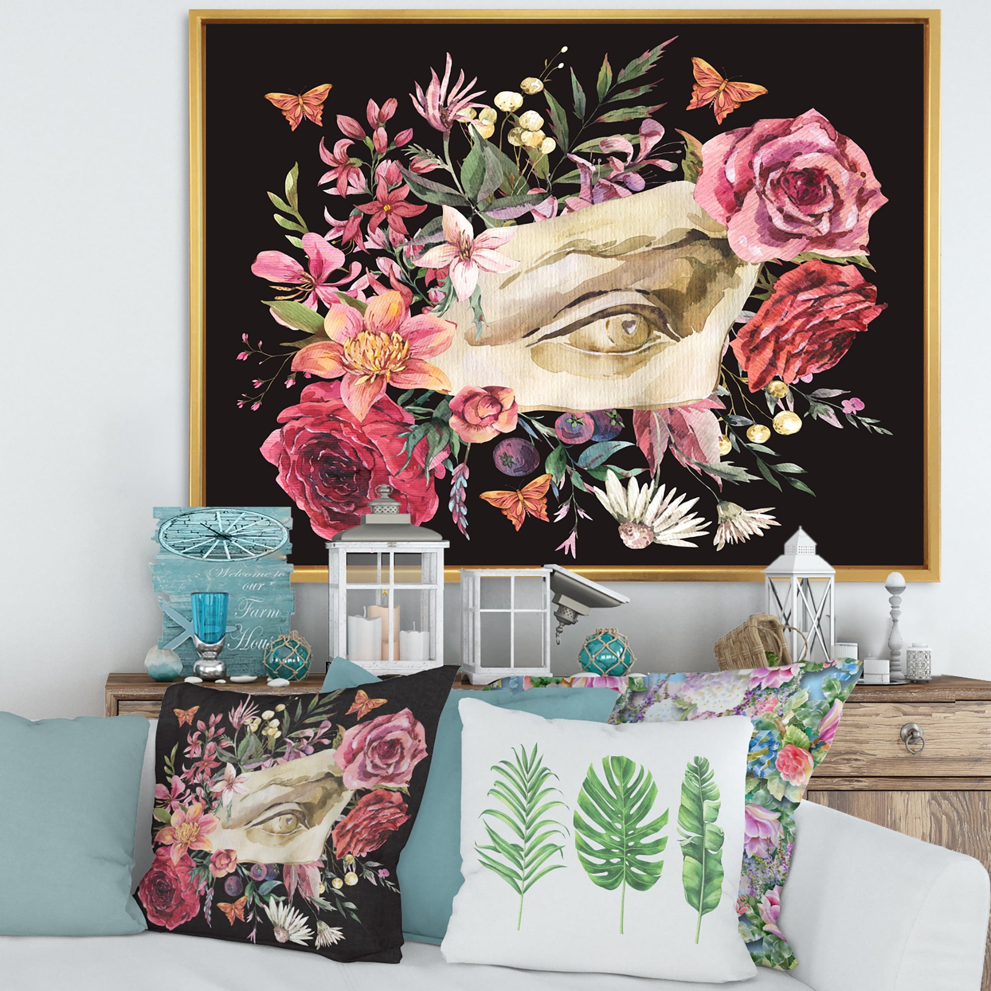 Designart 'Dried Wildflowers With Greek Sculpture David Eye' Farmhouse Framed Canvas Wall Art Print