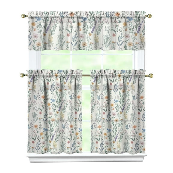 Rustic Boho Kitchen Curtains 36 Inch Short - 3 Panel Vintage Floral Set with Blooming Wildflowers, Farmhouse Window Treatment