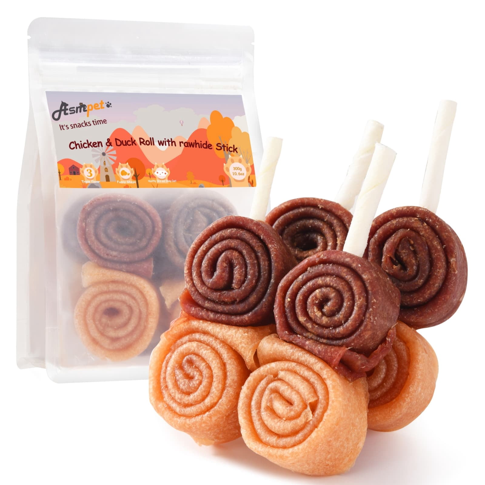 (2 pack) ASMPET Triple Flavor Rawhide Dog Treats, Chicken Duck Chew for Small Medium, Large Dogs, 10.5oz.