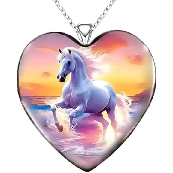 Sunset Ocean Horse Heart Pendant Necklace - Multicolor, Stainless Steel Chain
