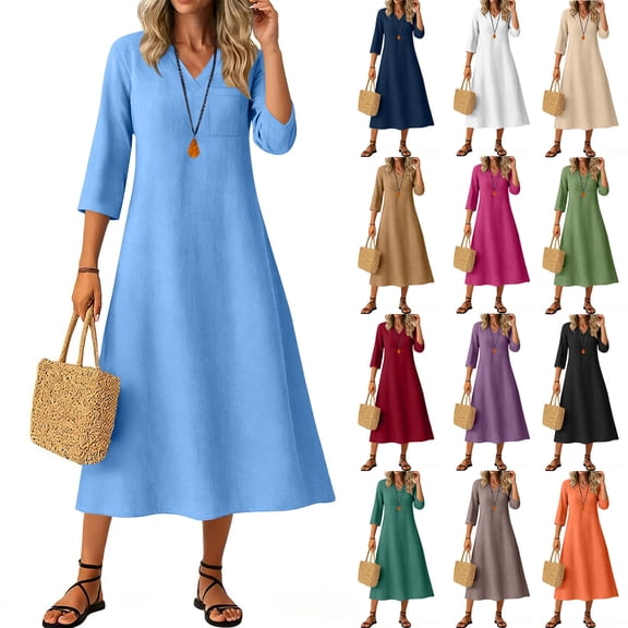 Summer Dresses for Women Casual Linen Maxi Dress Summer Boho 3/4 Length Sleeve Beach Long Dress V Neck A Line Dressy Elegant Dresses with Pocket Black Dress,Size S-2XL