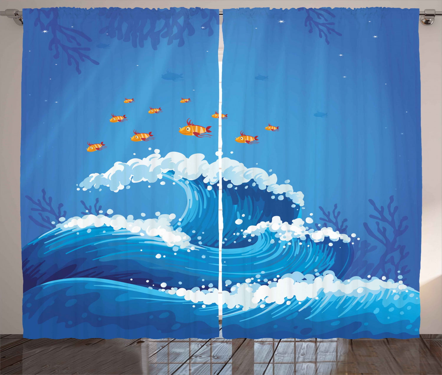 Multiple Sized Underwater World Coral Reef Navy Blue Y Fish Printed Curtain  Drapes For Living Room Dining Room Bed Room With 2 Panel Set
