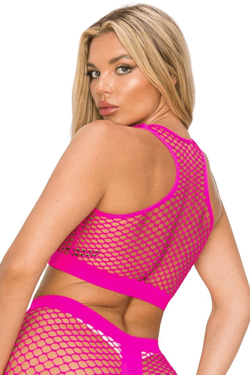 neon pink fishnet crop top