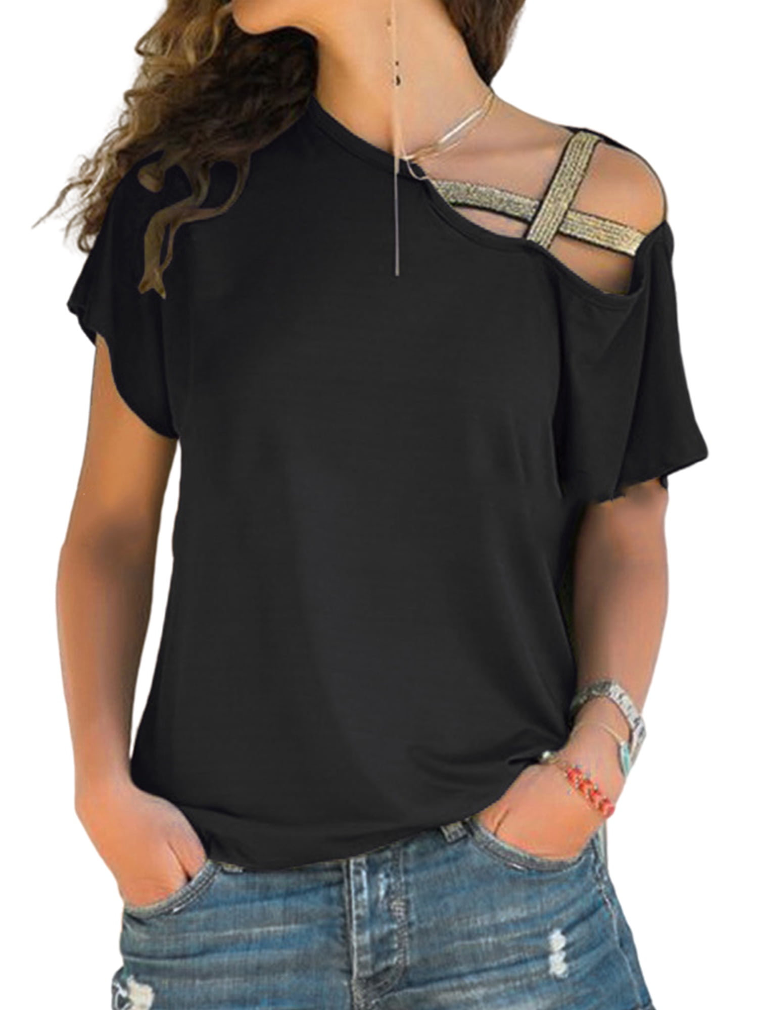 Dressin Women Summer T Shirt Ladies Short Sleeve Strappy Cold Shoulder T-Shirt Tops Womens Loose Tops Basic Blouse
