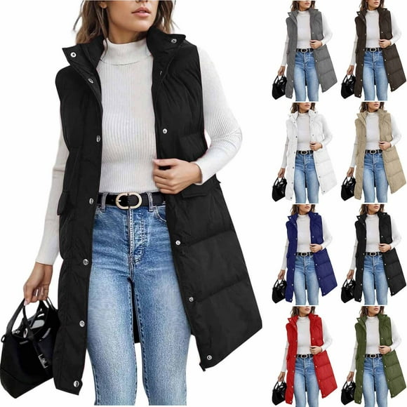 YOIAVAIOY Women Long Hooded Puffer Vest Casual Warm Button Quilted Jackets Fall Winter Puffer Coats Thick Outerwear White XL