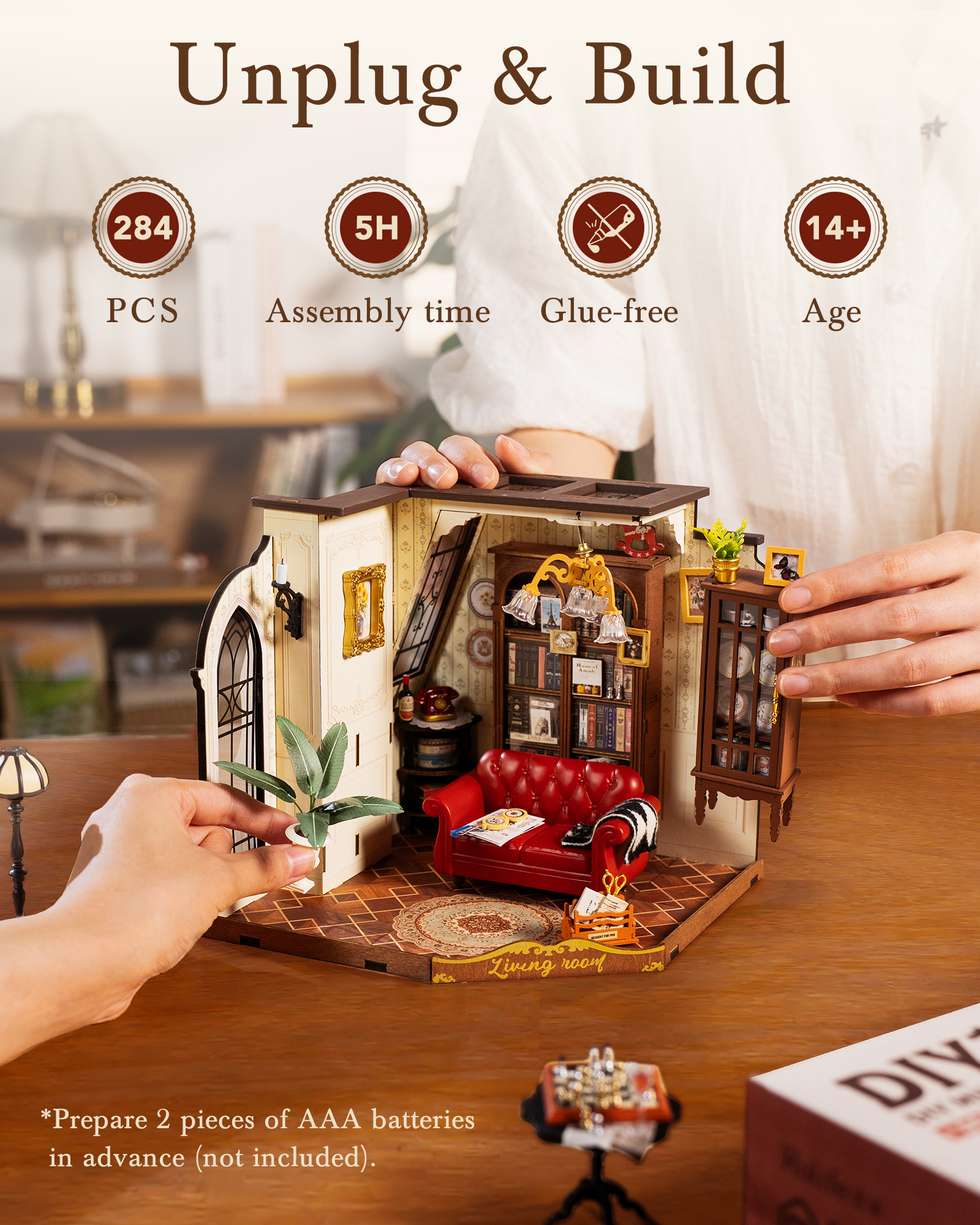 ROBOTIME DIY Miniature House Kit-Catherine's Living Room,Mini Wooden Dollhouse Model Building Sets,Tiny House Craft Kits Gifts for Adults Teens