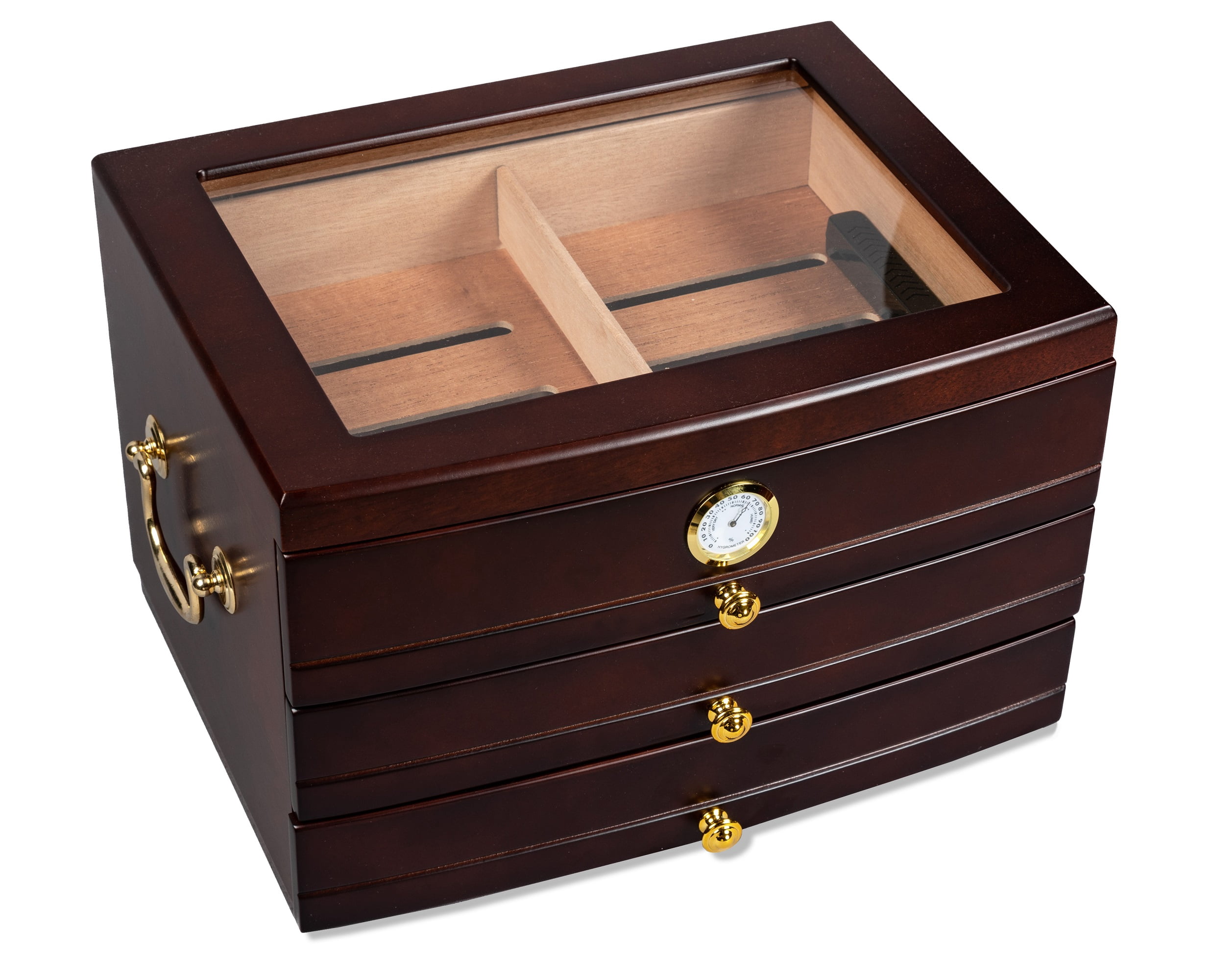 Regent Glass Top Cigar Humidor w/ 3 Drawers - Dark Mahogany Finish - Capacity: 75