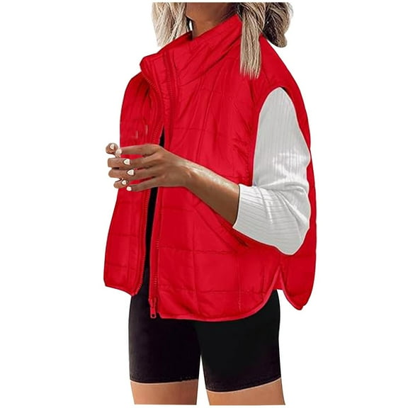 Penkiiy Quilted Jackets For Women 2024 Casual Lightweight Short Sleeve Zip Up Warm Vests S Red