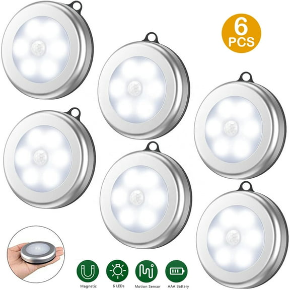 Motion Sensor Lights, Battery Operated LED Night Light Safety Lamp Step Lights Under Cabinet Lights for Stair, Bathroom, Closet, Hallway, Path,with Hanging rope (White-6 Pack)