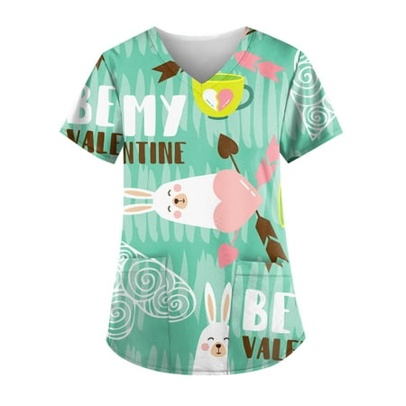 

XHJUN Womens Scrub Tops Plus Size Women s Stretchy Printed V-Neck Short Sleeve Scrub Top Green XXXXXL