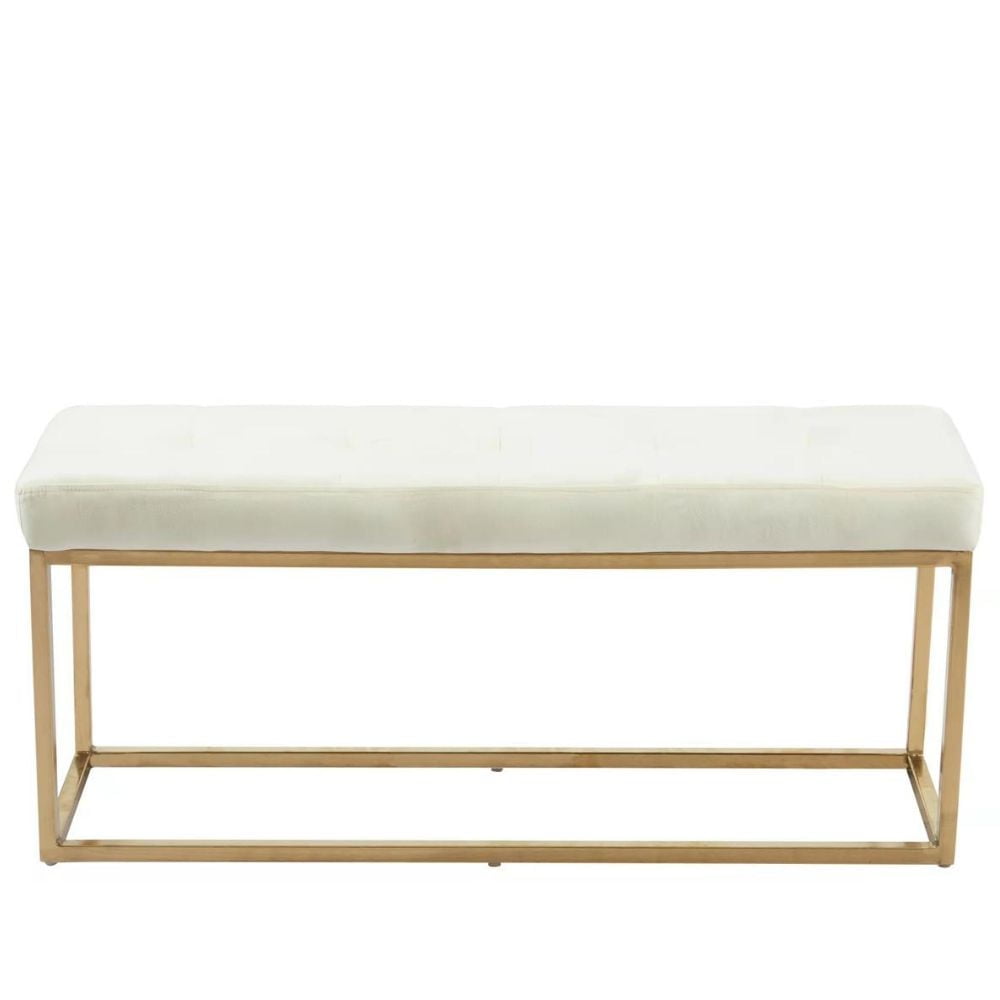 Banc en velours beige de la collection Heavenly, banc en velours avec acier inoxydable doré, banc en acier inoxydable, banc poli, banc en velours, banc doré, banc d'entrée