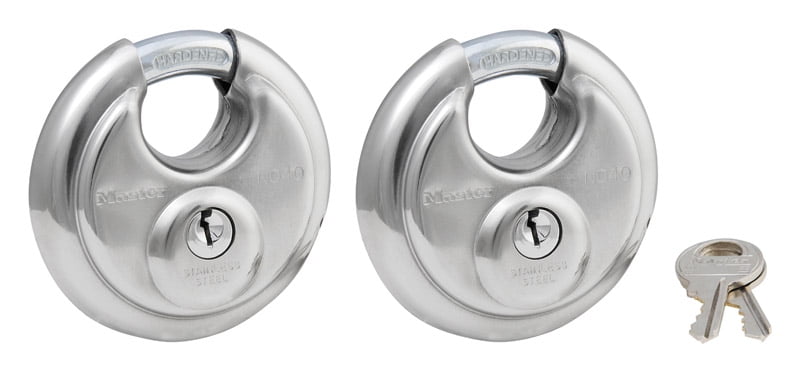 (2 pack) Master Lock 2-3/4in (70mm) Wide Stainless Steel Discus Padlock with Shrouded Shackle; 2-Pack