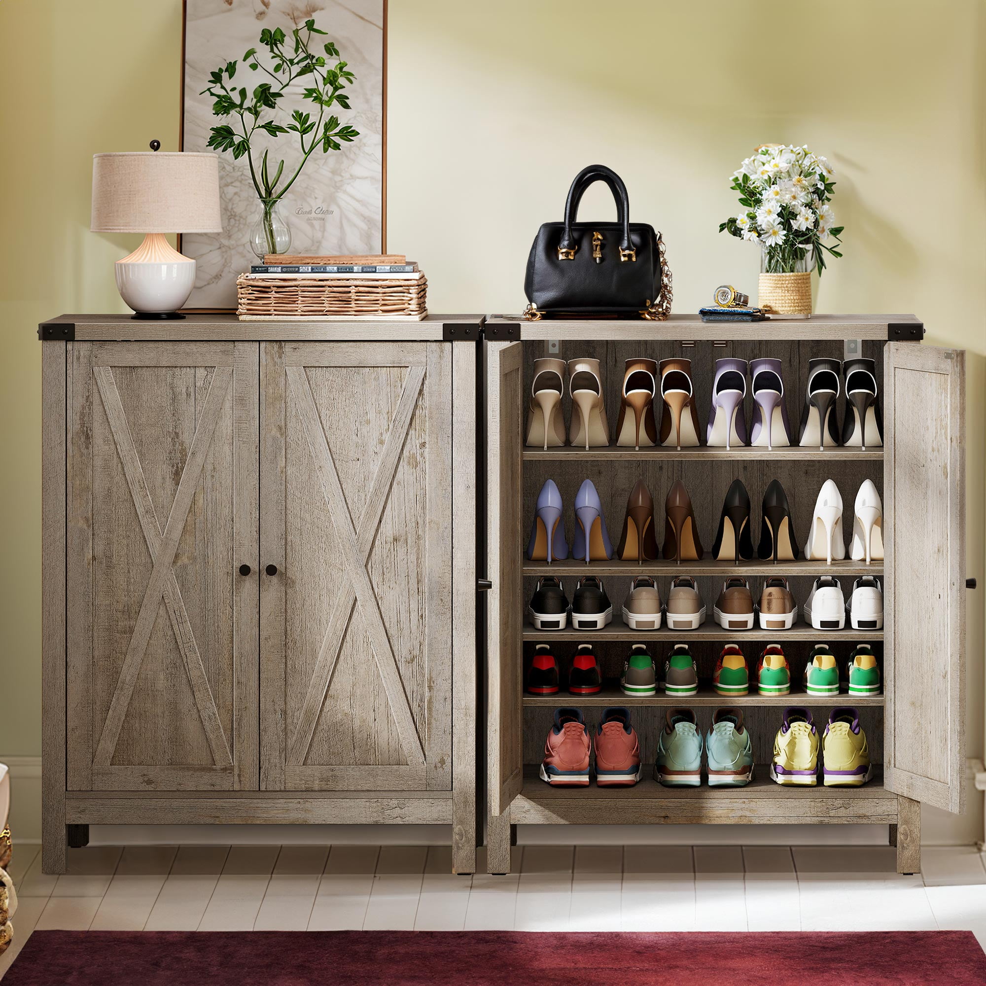 Dextrus Farmhouse Shoe Cabinet with Barn Doors, 5-Tier Wood Shoe