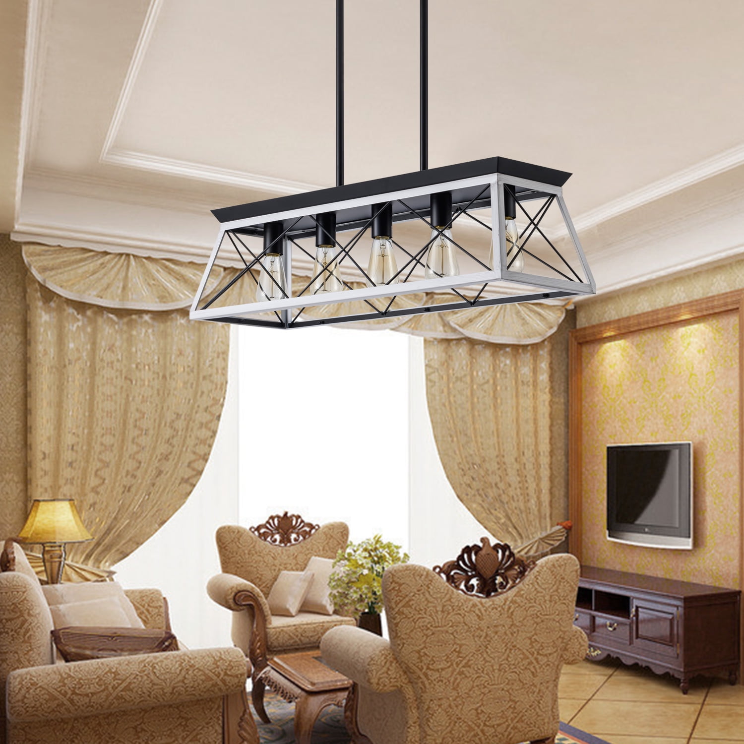 Black White Industrial 5-Light Pendant Chandelier 32 Inch, Metal Cage Design for Dining Room Kitchen, Black White
