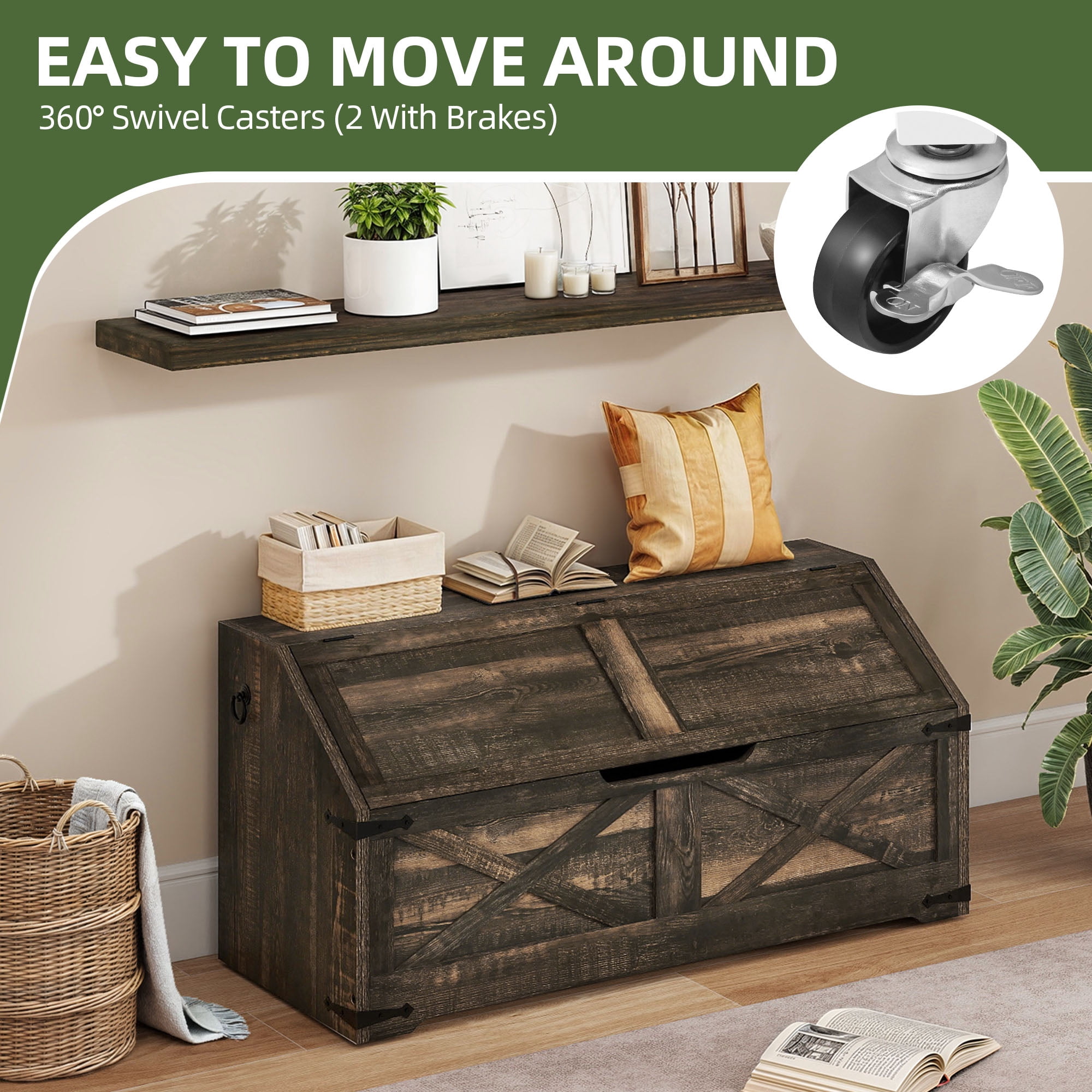 Uforic 39.4" Farmhouse Storage Chest with 4 Wheels, Wooden Storage Trunk with Safety Hinge, Storage Bench Storage Box - Rustic Brown