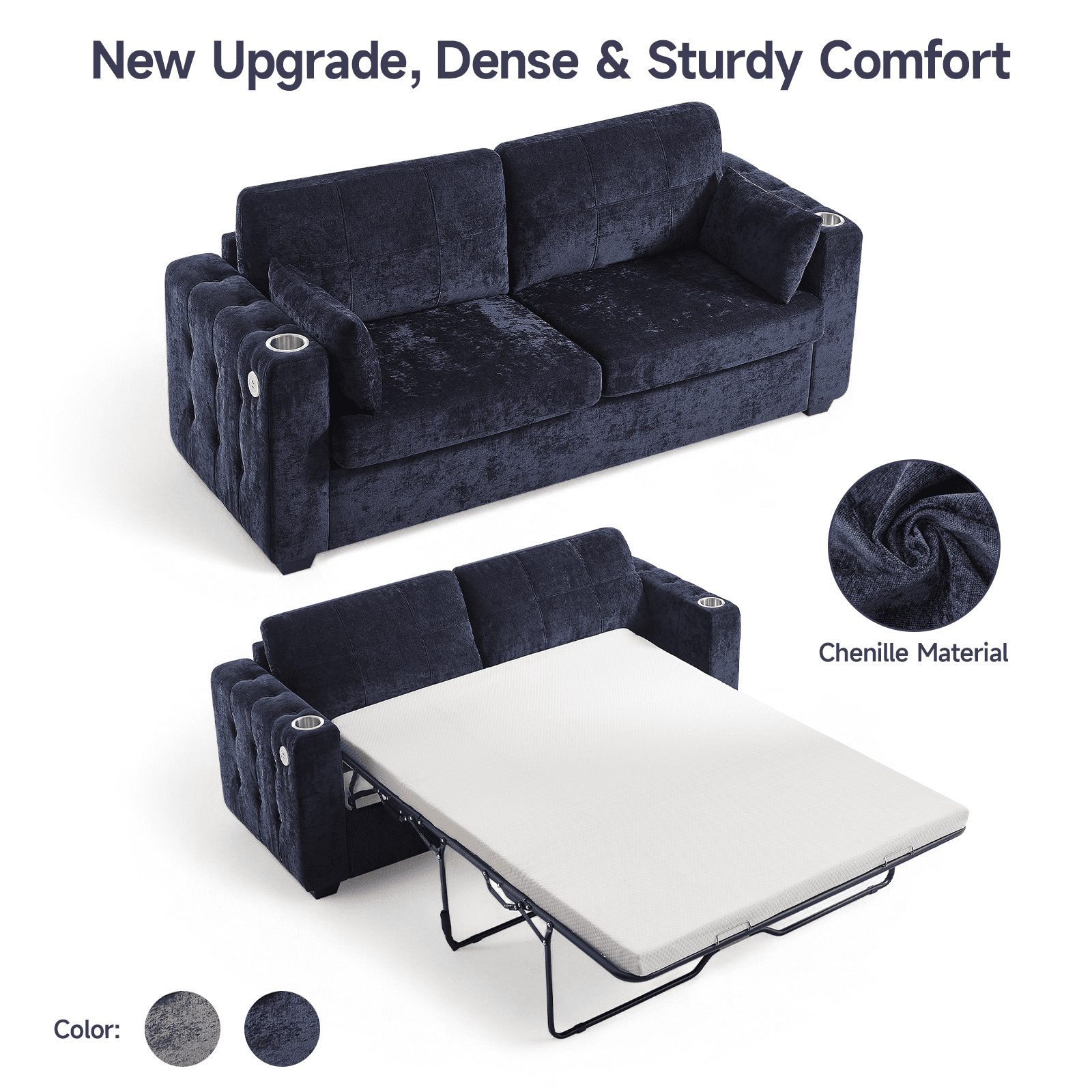 Onbrill Mid-Century Modern Chenille Sofa Bed with Full Size Memory Foam Mattress, USB Charging and Space-Saving Design, Blue
