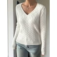 thumbnail image 4 of Women Long Sleeve Cable Knit Sweater Fashion V Neck Fitted Pullover Top Business Casual Fall Outfits White S, 4 of 7