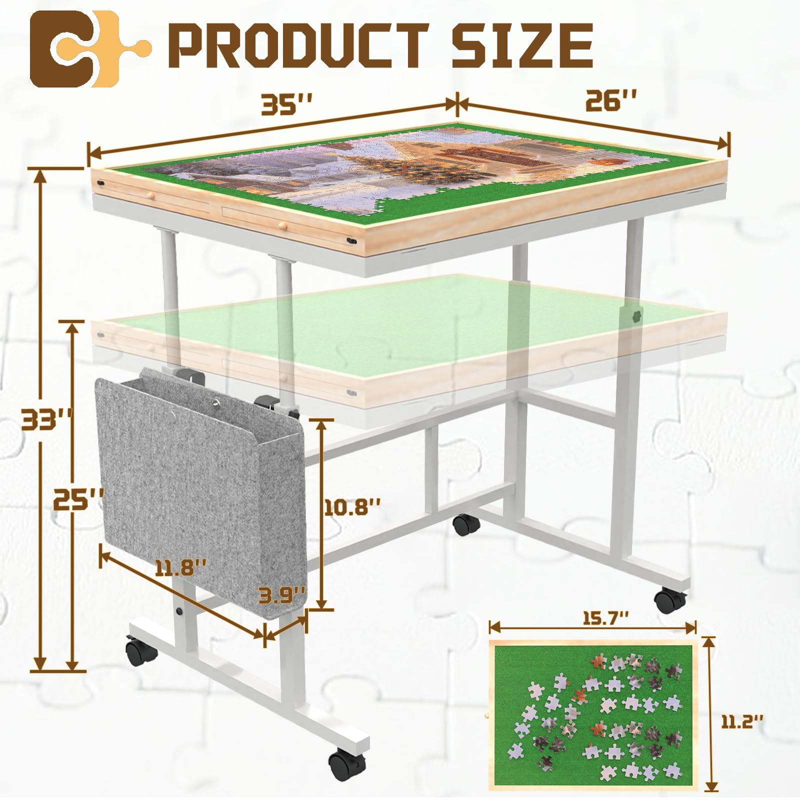 Jigsaw Puzzle Table for Adults with Drawers&Storage Pocket, Jigsaw Puzzle Board with Legs and Wheels, 5 Adjustable Height&Tilting, White
