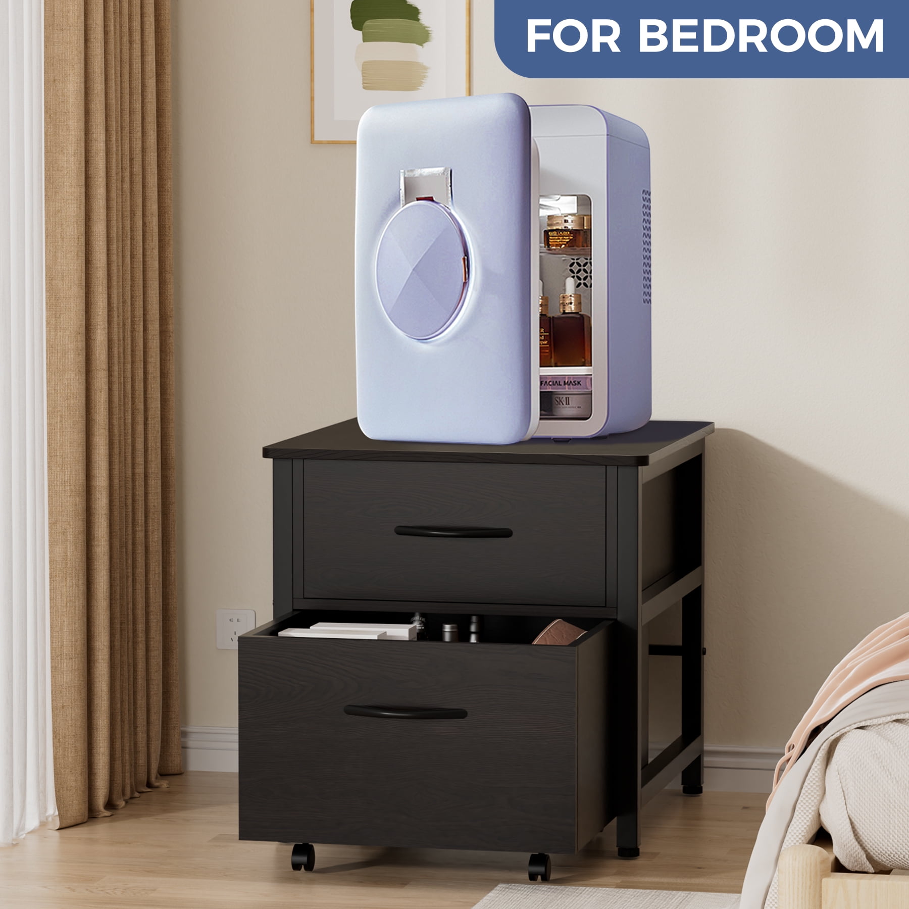 INFANZIA Mini Fridge Stand with Storage, Beverage Refrigerator Stand Table with Rolling Cabine, 22.1"Lx 23.2"W Solid Wood Heavy Duty Mini Fridge Cabinet for Dorm, Office, Bedroom, Black