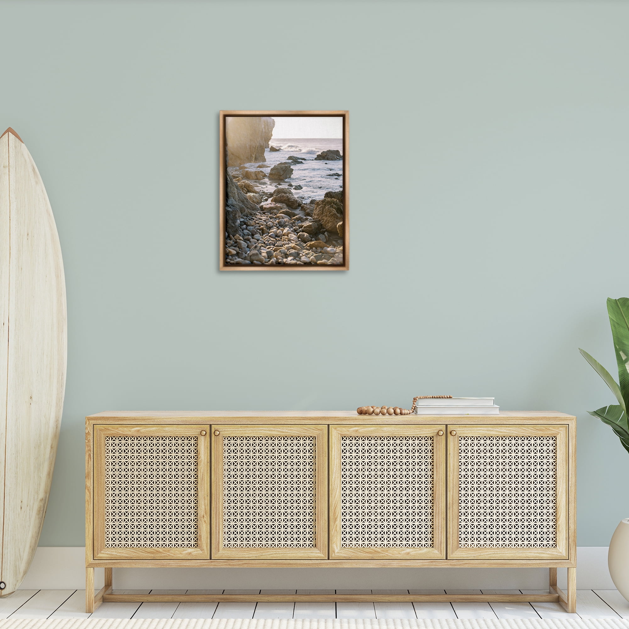 Stupell Industries Rocky Coast Waves Landscape Photography Brown Floater Framed Canvas Art Print Wall Art, 25 x 31
