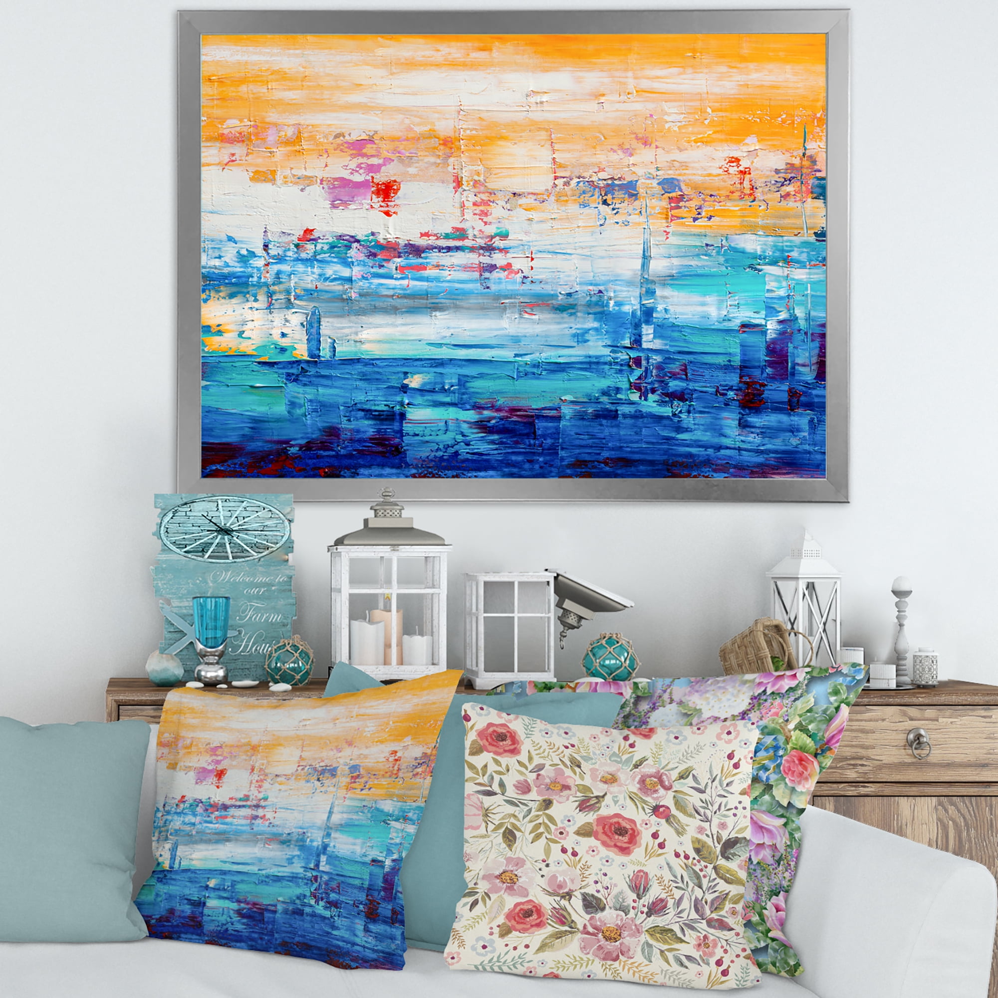 Designart 'Blue Meet Orange Abstract' Modern Framed Art Print