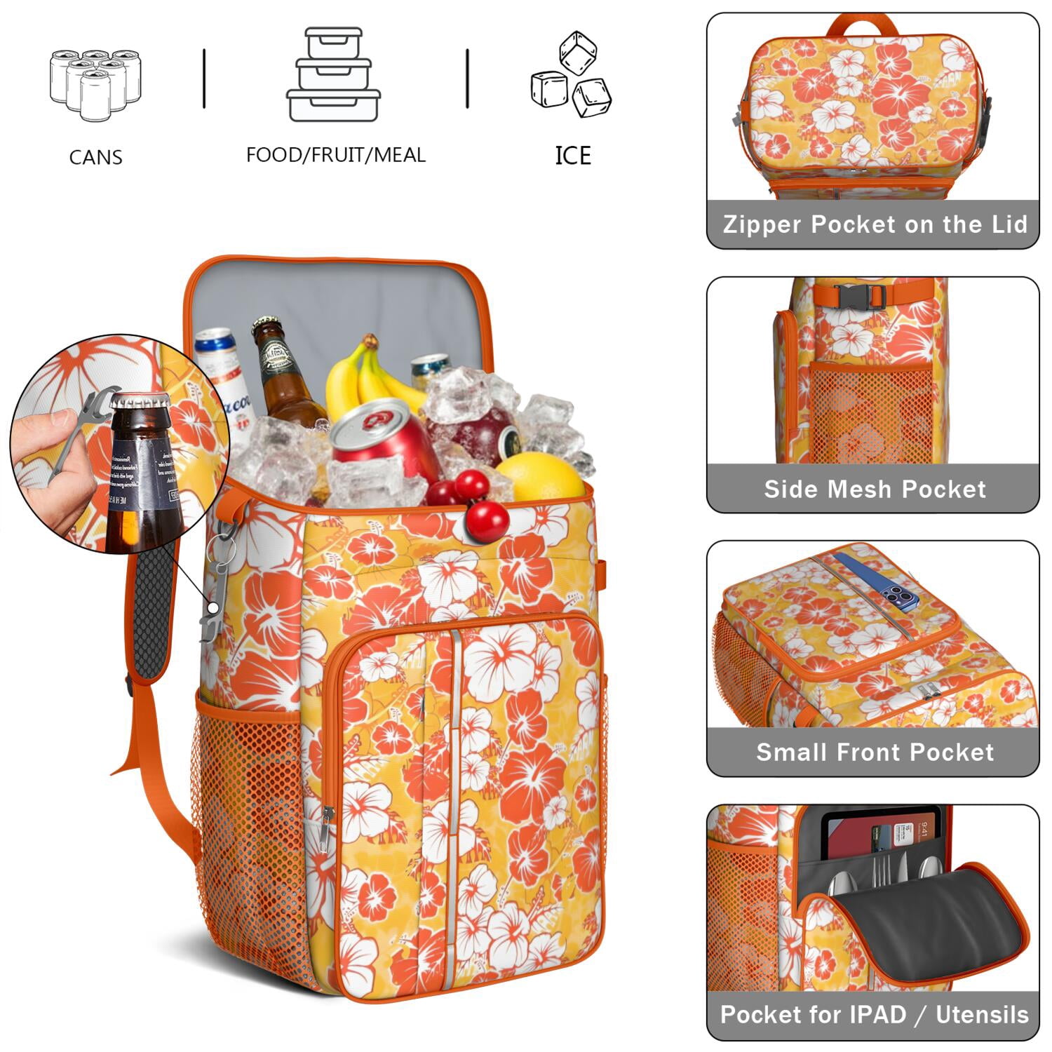 Travel Cooler Bag - Pioneer Flower Floral Print Pattern Camping Beer Cooler Backpack with Bottle Opener- Waterproof Insulated Picnic Backpacks - Cooler Bag for Beach