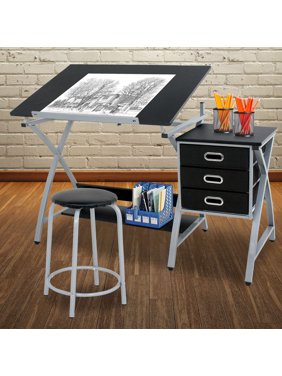 Zeny Adjustable Metal Drafting Table Desk  W/ Stool & Drawers