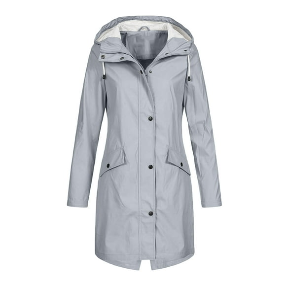Bellella Ladies Drawstring Raincoats Hooded Buttons Rain Jacket Winter Outwear Grey XL