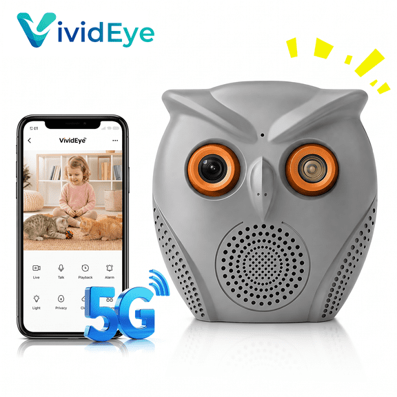 VividEye 2K Owl-Shaped Pet Camera Indoor, Night Vision with 120° Wide Angle, Two-Way Audio Indoor Mini Surveillance Camera with Speaker, Motion Detection Alerts, Dual-Band 5G/2.4G
