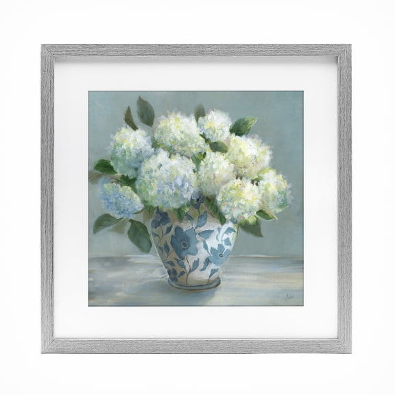 Stupell Industries Hydrangeas in Elegant Vase Gray Framed Print Under Glass, design by Nan