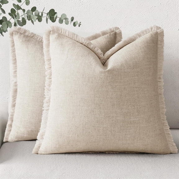 AUQ Linen Fringe Throw Pillow Covers Set of 2 Decorative Natural Beige Pillow Covers with Tassels Soft Accent Boho Farmhouse Pillow Cases for Couch Bed Sofa 18X18 Inch