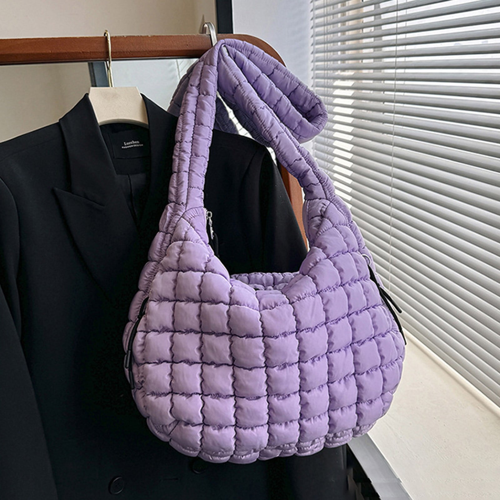 Mepaouo Large Puffer Tote Bag for Women Quilted Crossbody Handbag Hobo Shoulder Satchel Puff Purse(Purple)