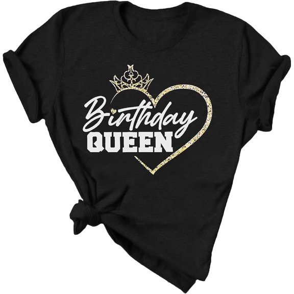 Birthday Queen T-Shirt for Women, Sparkly Gold Glitter Heart Graphic Tee, Elegant Royal Celebration Top, Cute Short Sleeve Apparel, Funny Party Theme Outfit