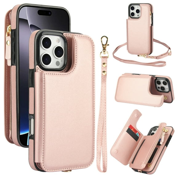 Wallet Case for Apple iPhone 16 Pro Max, with Crossbody Shoulder Strap & Hand Wrist Cards Holder Zipper Pocket Stand Feature Full Protective Shockpoof Phone Case for iPhone 16 Pro Max, Rosegold