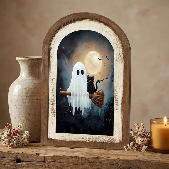 Gaecuw Halloween Ghost Double Layer Wooden Arch Sign, Vintage Door Frame Table Ornament Wall Hanging Decor for Home Party C