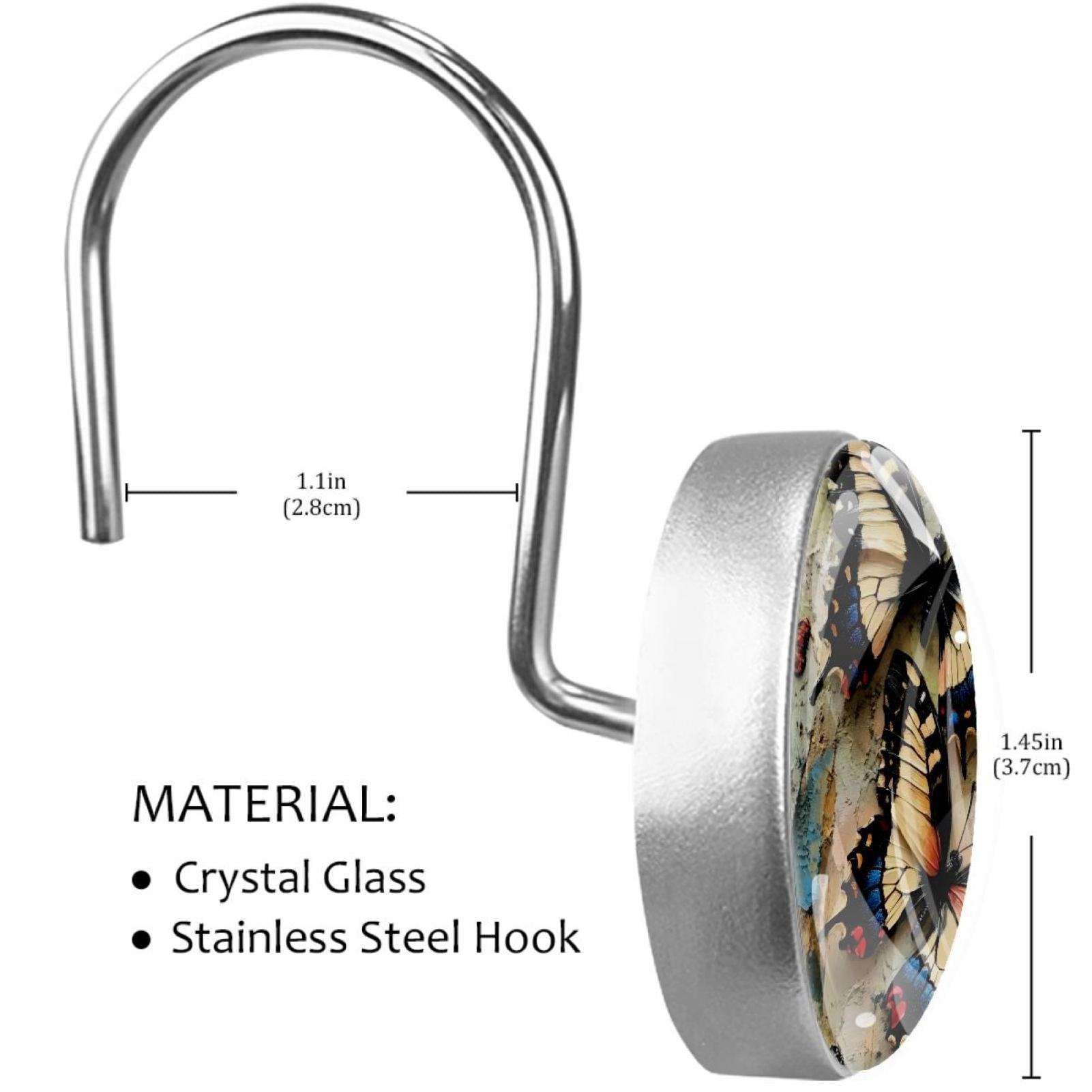 Butterfly Pink Florals Shower Curtain Hooks Round Crystal Glass, Set of 12 Shower Curtain Rings - Shower Hooks for Curtain Shower Rings