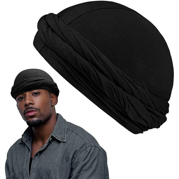 Turban Halo Doublés de Satin pour Hommes, Foulard de Tête Pré-Noué pour Hommes et Femmes Noirs, Foulard de Tête Pré-Noué