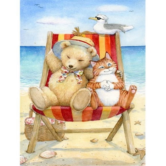 Summer Teddy Bear & Cat on Beach Flag Size
