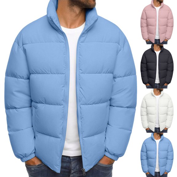 PNTUTB Fall Winter Men's Puffer Jacket Full Zip Stand Collar Coat Solid Color Quilted Casual Warm Comfort Trendy Outwear with Pockets