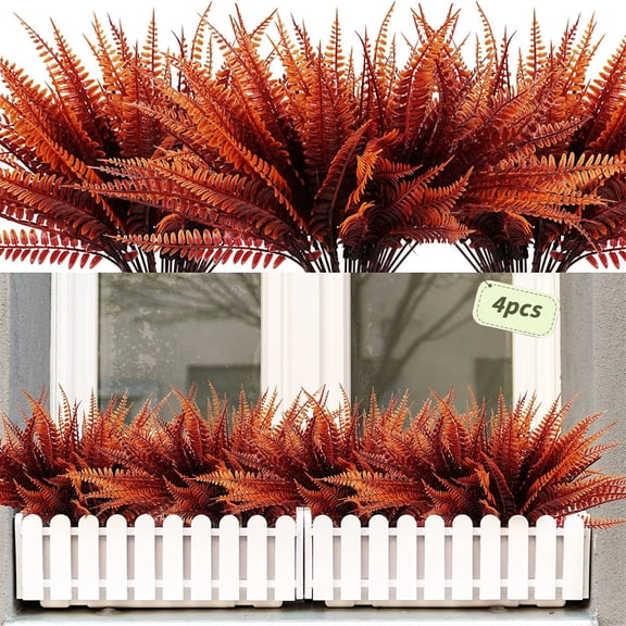 Fall Decor For Home Artificial Boston Fern Fake Flower Autumn (4Pc Combination Silk Flowers For Outdoors Fall Hydrangea Artificial Flowers Artificial Plants Outdoor Potted Outdoor Faux Mums