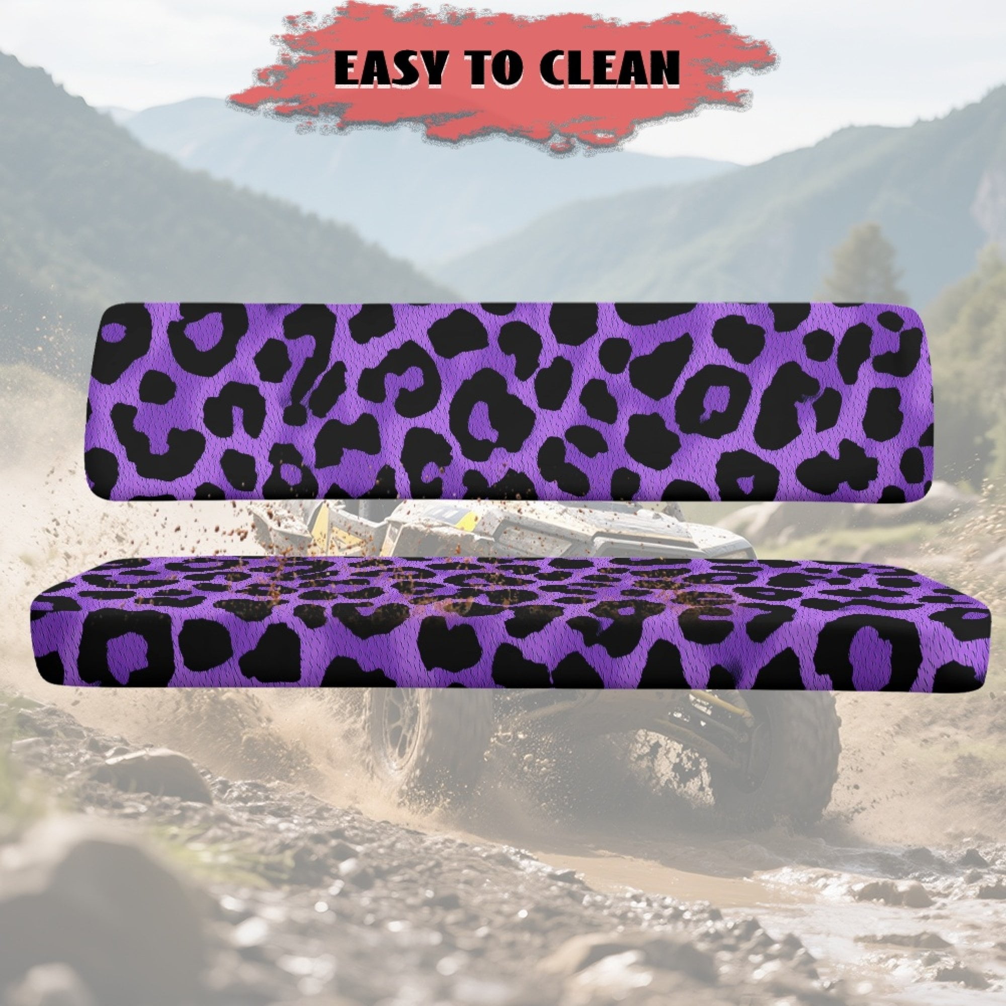 ZIATUBLES Deep Violet Leopard Print UTV Seat Covers 2 Pack, Waterproof Polyester Replacement Front Bench Seats Covers, Wear-Resistant UTV Outdoor Accessory Part for Kawasaki Mule