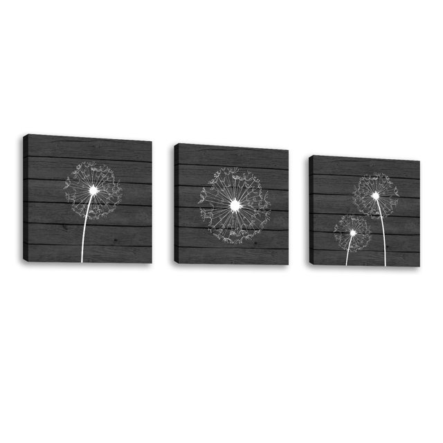 Set of 3 Grey Dandelion III Contemporary Fine Art Giclee on Canvas