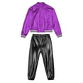 thumbnail image 5 of YiZYiF Boys Girls Jazz Hip Hop Dance Costume 2 Piece Set Metallic Shiny Bomber Jacket and Sweatpants Purple&Black 6, 5 of 7