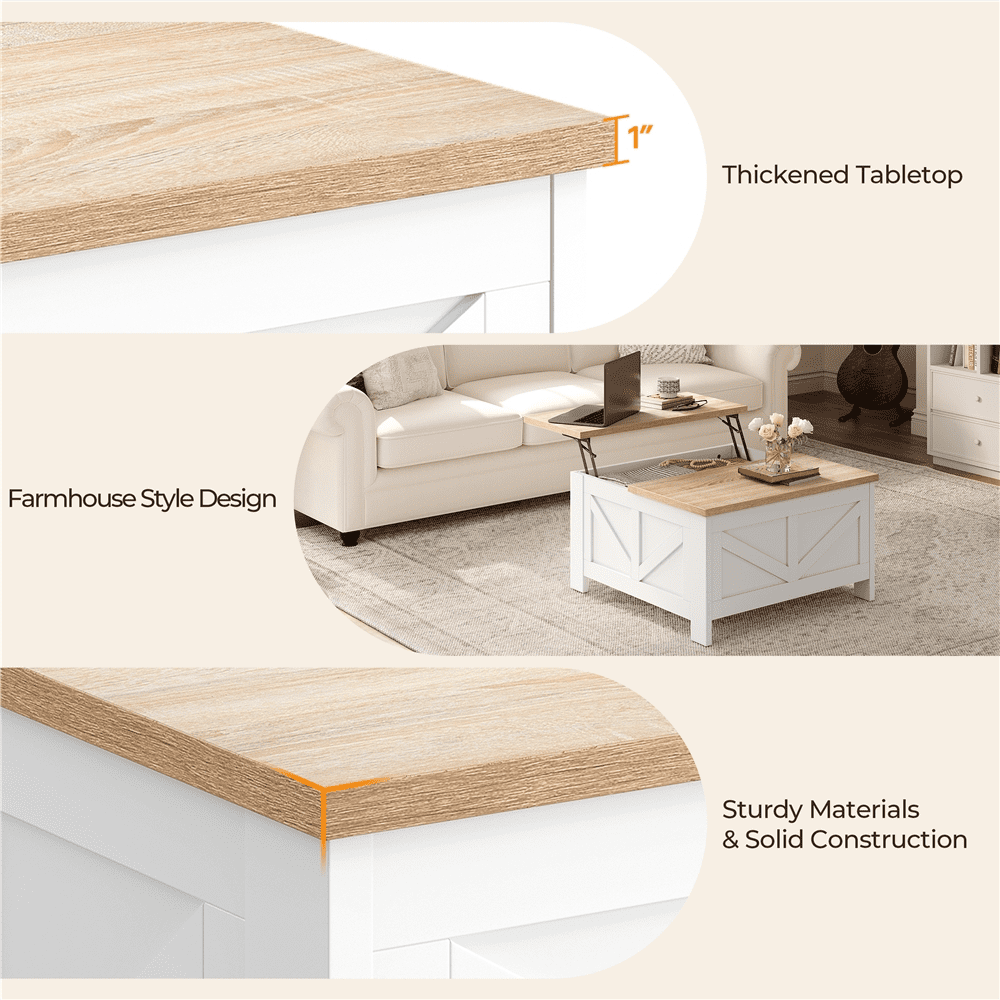 Alden Design Farmhouse Square Lift Top Coffee Table with Hidden Compartments, White & Light Oak