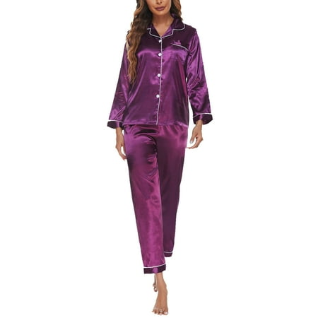 

VONCOS Satin Pajamas Women 2PC Set- Classic Button Down Sleepwear Relaxed Fit Loungewear Long Sleeve Tops Pants Nightdress