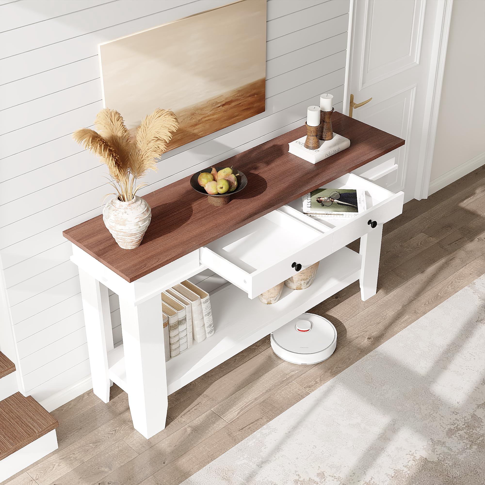 Roromall 54" Wood Console Table with 2 Drawers & Lower Shelf, Farmhouse Sofa Table for Entryway, Hallway, Living Room, Behind Couch