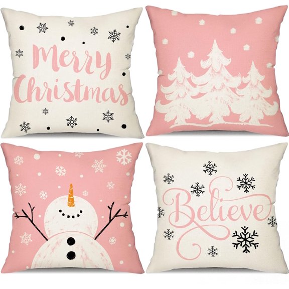 Pink Christmas Pillow Covers 18x18 Set of 4 for Christmas Decorations Merry Christmas Tree Believe Snowflake Winter Holiday Decor Throw Cushion Case for Home Couch